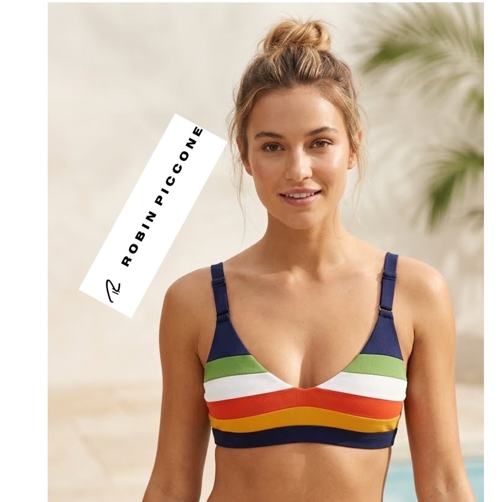 Robin Piccone Ava Ribbed Stripe Bikini Top Navy Multi XS‎ Beachy luxury summery